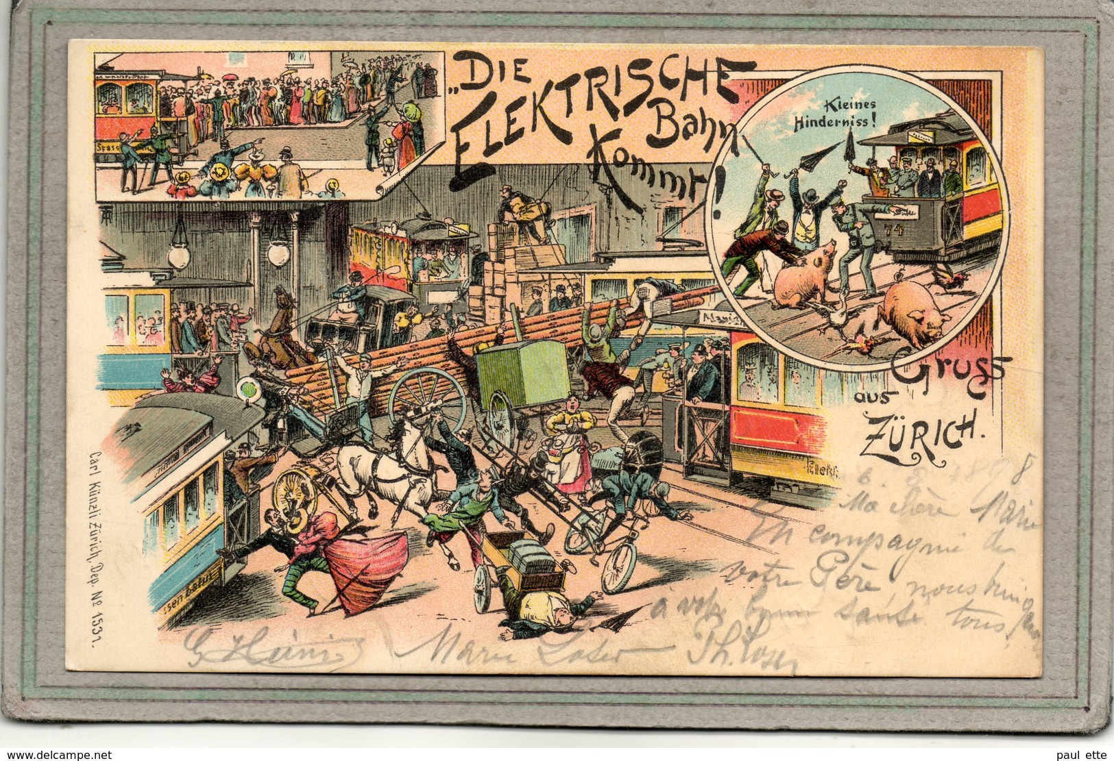 CPA - ZÜRICH (Suisse-Schaffhouse) - Grüss, Litho, Farbe: 1898 ; Die Elektrische Bahn Kommt ! - Carl Künzli - Schaffhouse