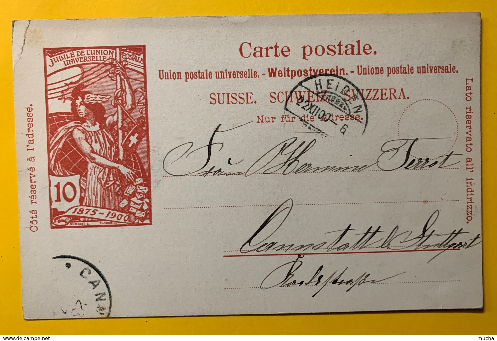 9276 - Jubilé UPU 10ct Carmin Heiden 22.12.1900 Pour L'Allemagne - Interi Postali