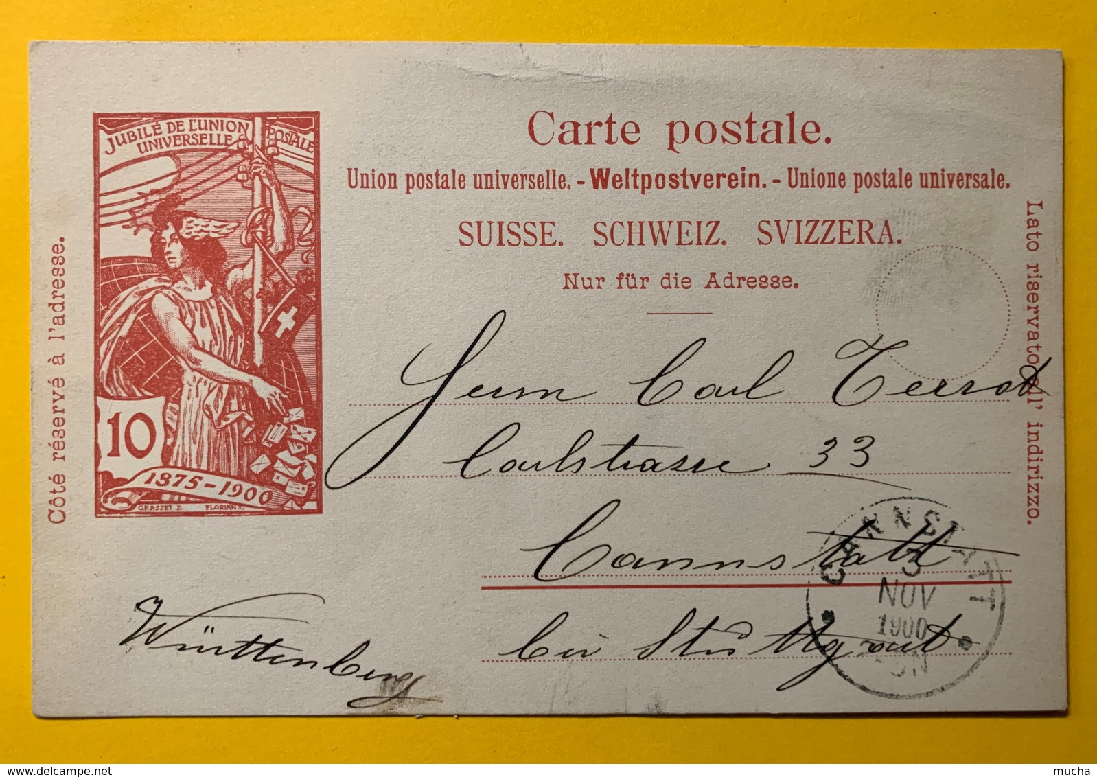 9279 - Jubilé UPU 10 Ct Carmin Pas De Lieu De Dépôt Arrivée Cannstatt Allemagne 3.11.1900 - Interi Postali