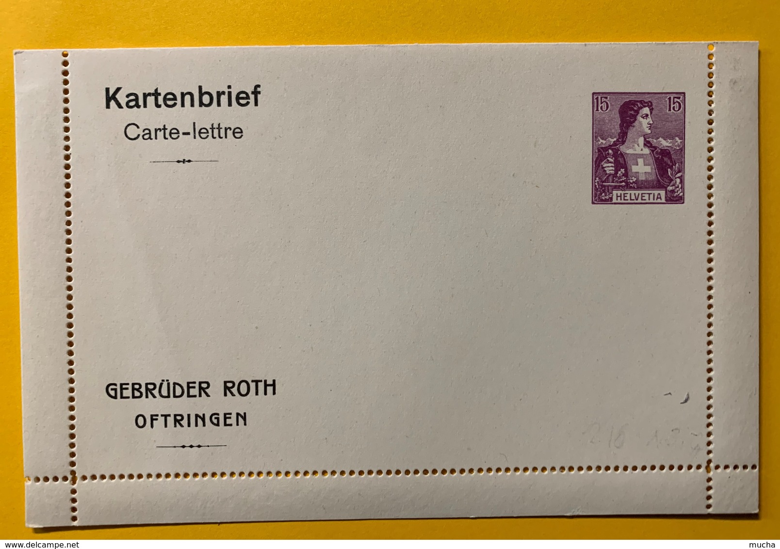 9288 - Carte-Lettre Privée Gebrüder Roth Oftringen Helvetia 15 Ct Viollet - Entiers Postaux