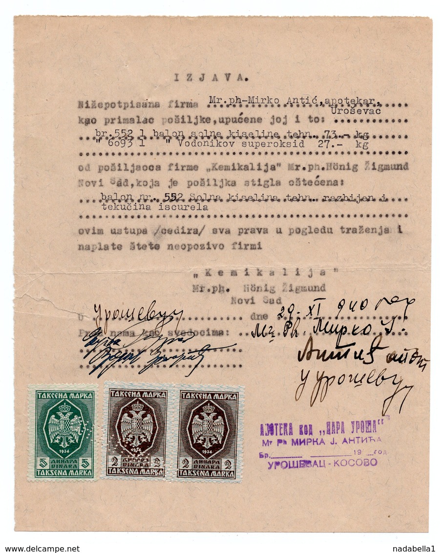 1940. YUGOSLAVIA, SERBIA, UROSEVAC, KOSOVO, PHARMACY, STATEMENT, 3 REVENUE STAMPS - Covers & Documents