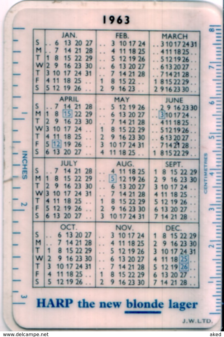 Beau Petit Calendrier De Poche Pub Ancien  Bière HARP LAGER 1963 - Small : 1961-70