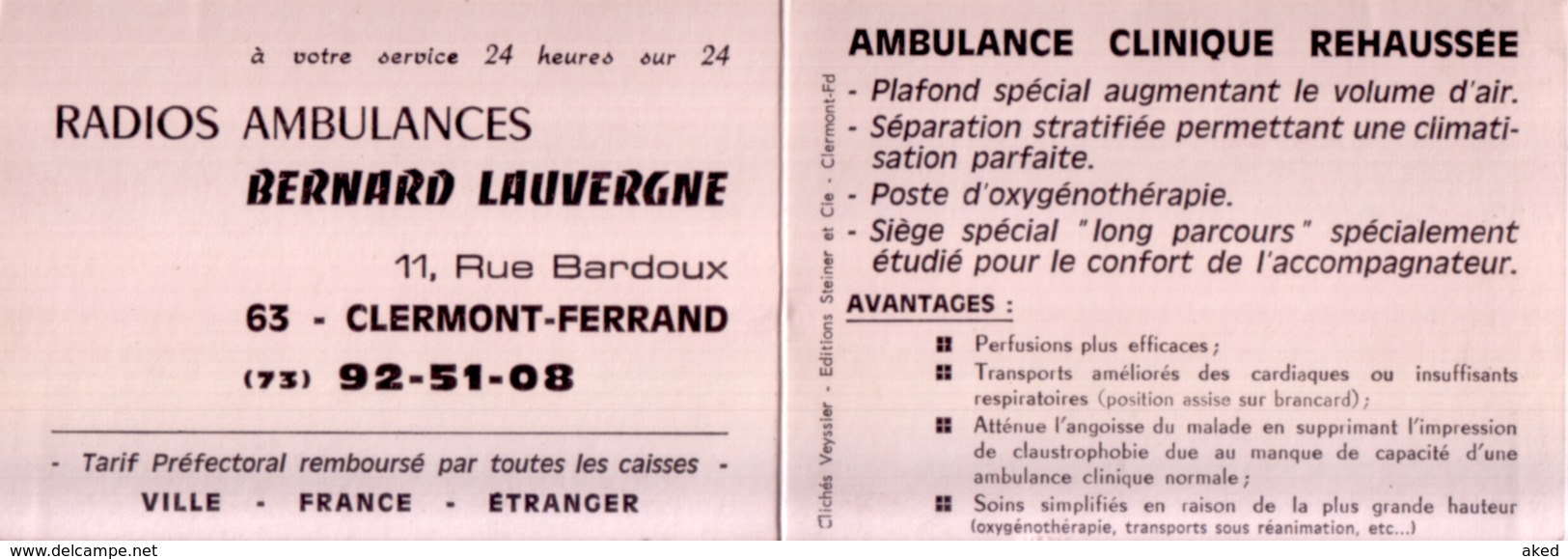 Ancienne Carte Visite Pub RADIOS AMBULANCE CLERMONT FERRAND Avec Véhicules DS - Visiting Cards