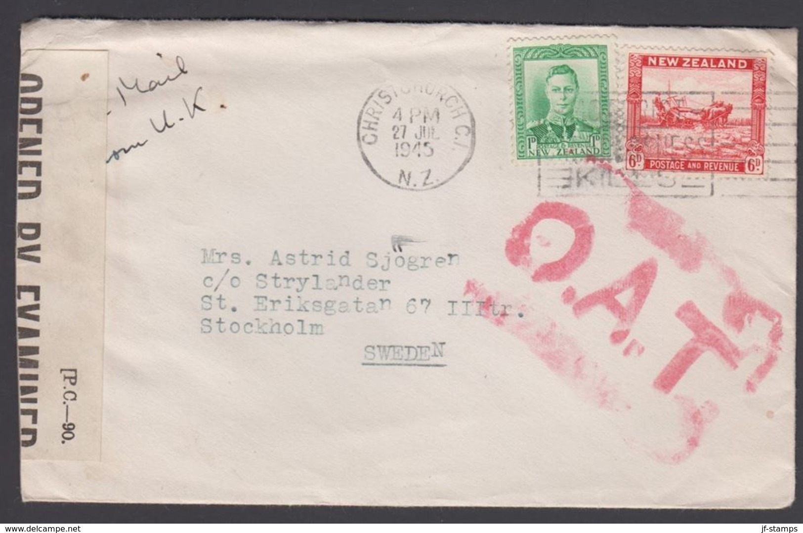 1945. O.A.T. 1 + 6 D To Sweden CHRISTCHURCH 27 JUL 45. Censor: P.C.-90 OPENED BY EXAM... () - JF304876 - Lettres & Documents