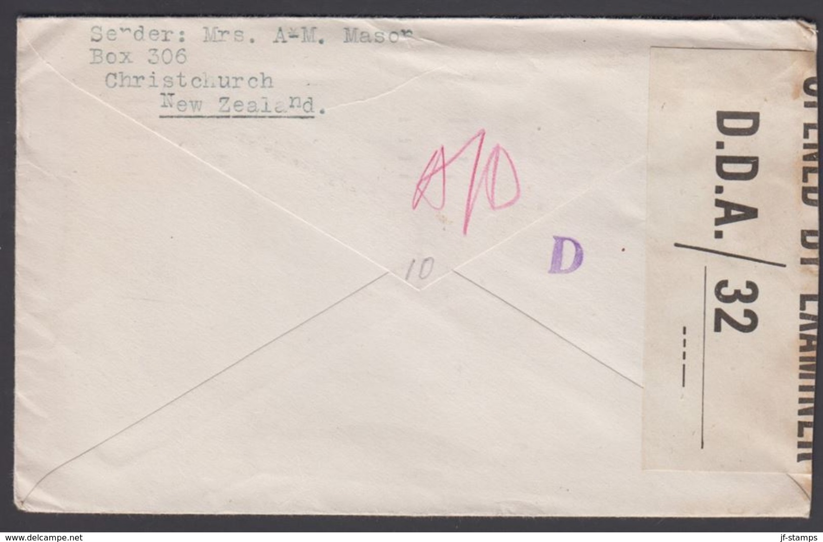 1945. O.A.T. 1 + 6 D To Sweden CHRISTCHURCH 27 JUL 45. Censor: P.C.-90 OPENED BY EXAM... () - JF304876 - Lettres & Documents