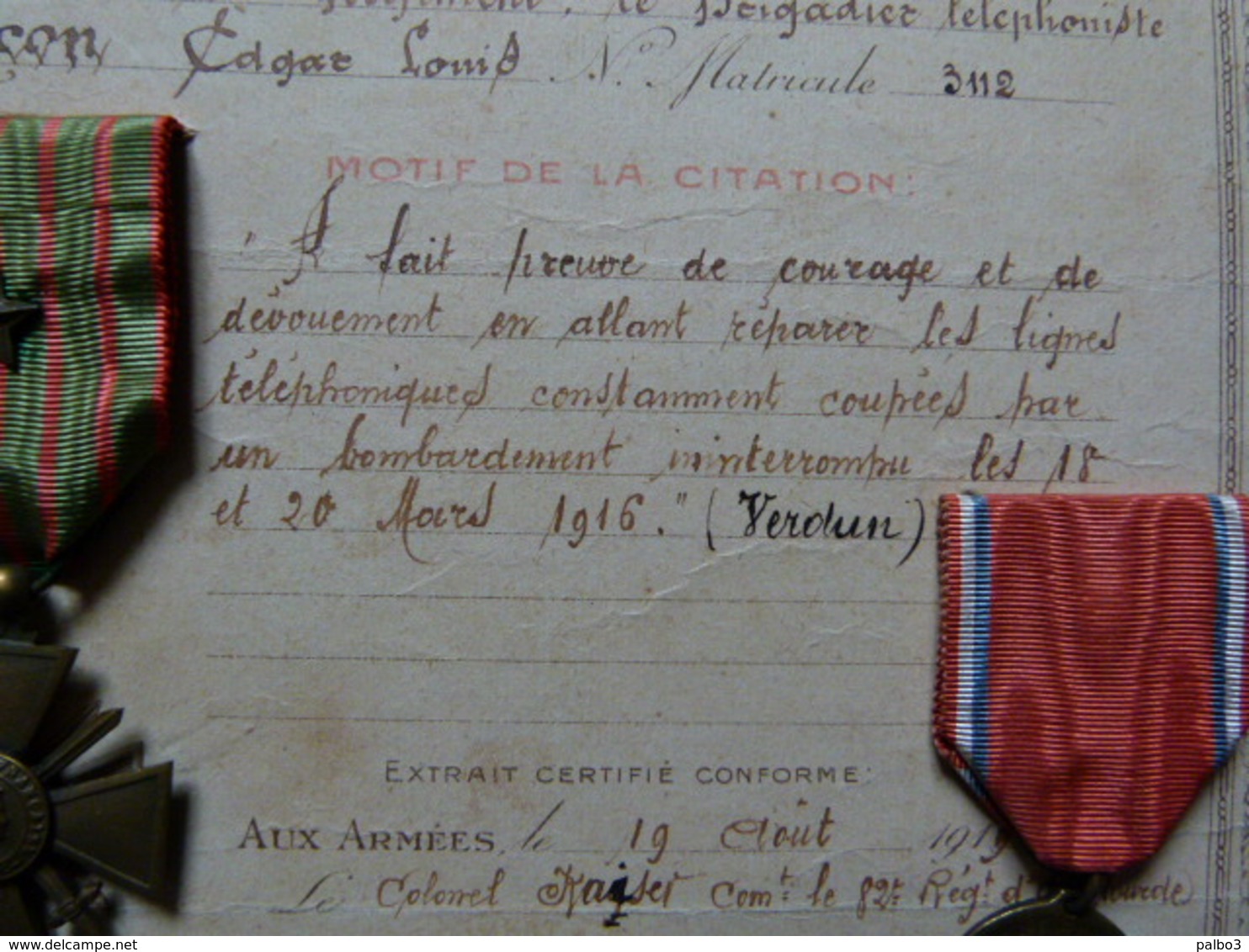 Citation A L'ordre Du Regiment 82 Regiment Artillerie Lourde A Tracteurs Avec Croix De Guerre Et Medaille De Verdun - 1914-18