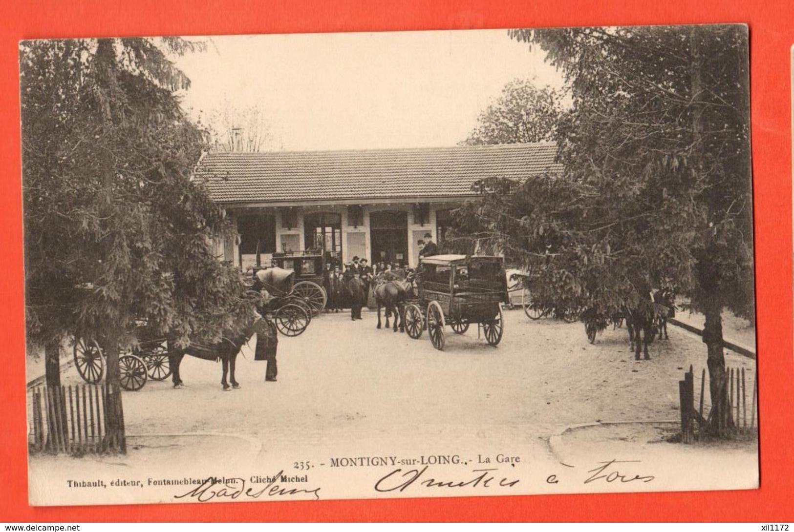 KAG-02 Montigny-sur-Loing Seine Et Marne, La Gare, Calèches, ANIME. Circulé En 1905, Précurseur - Altri & Non Classificati