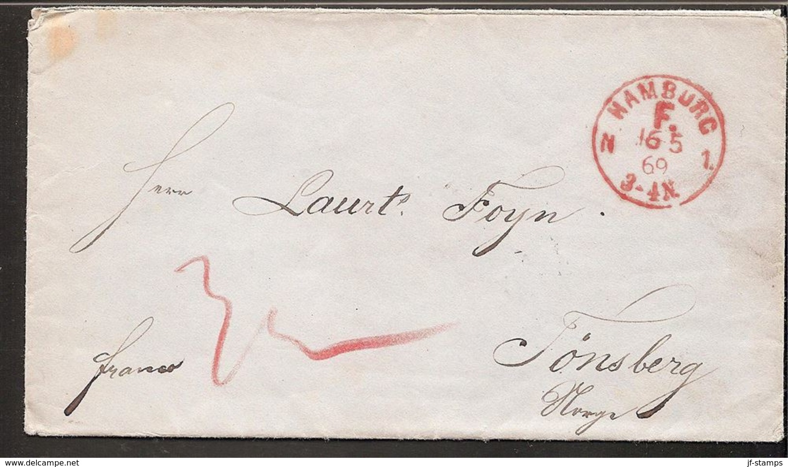 1869. HAMBURG F 16 5 69 In Red On Small Cover To Tönsberg In Norway. Transitcancel SA... () - JF170886 - ...-1851 Prefilatelia