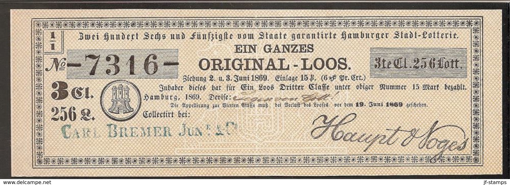 1869. Lotterynote From Hamburger Stadt-Lotterie Juni 1869. Cover And Drawinglist Incl... () - JF170887 - ...-1851 Prephilately
