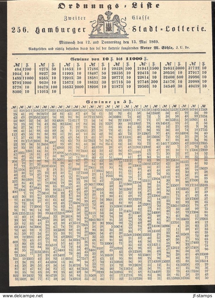 1869. Lotterynote From Hamburger Stadt-Lotterie Juni 1869. Cover And Drawinglist Incl... () - JF170887 - ...-1851 Préphilatélie
