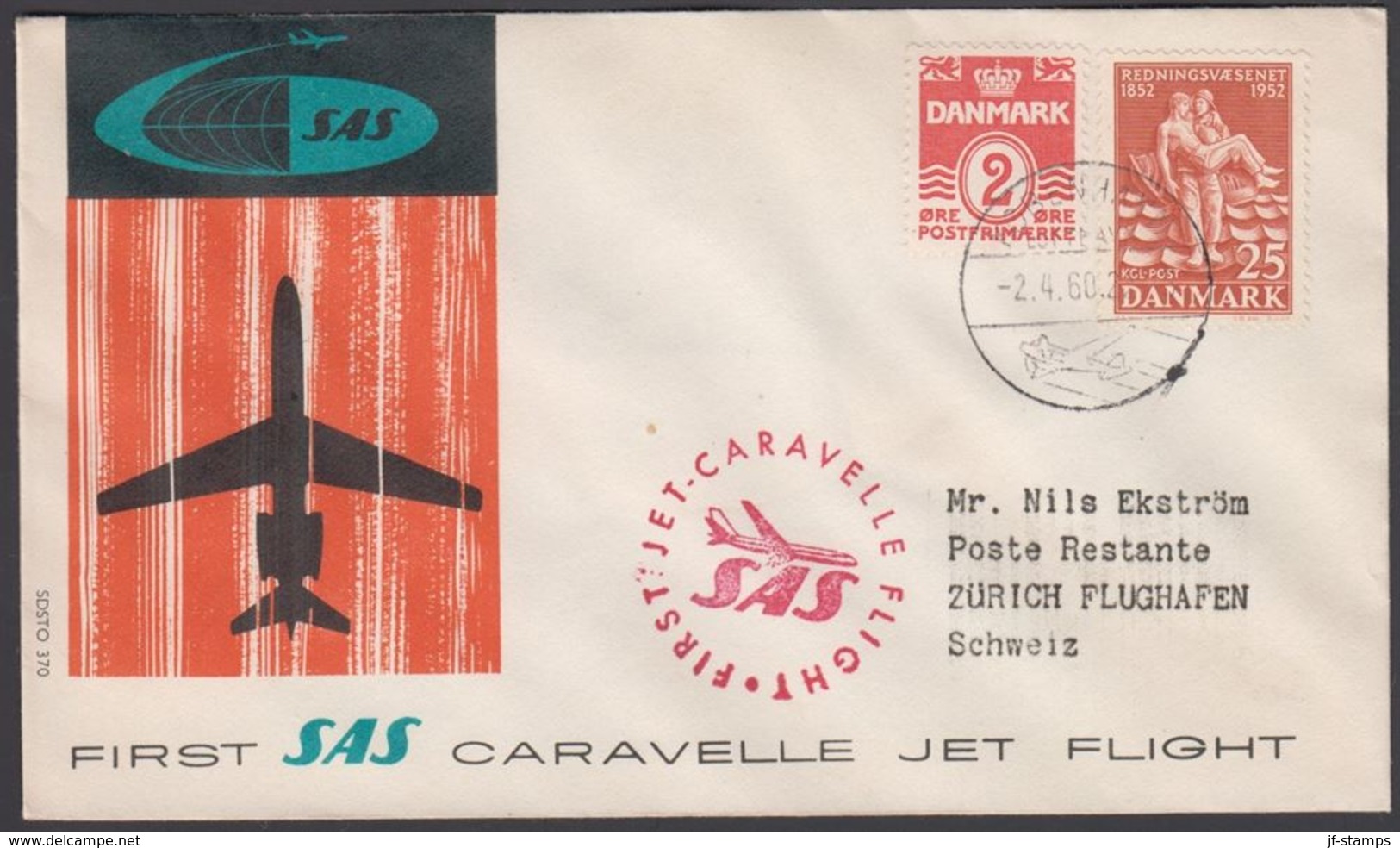 1960. FIRST SAS CARAVELLE JET FLIGHT COPENHAGEN - ZÜRICH 2-4-60. ZÜRICH 4 IV 1960. (Michel 330+) - JF304844 - Storia Postale