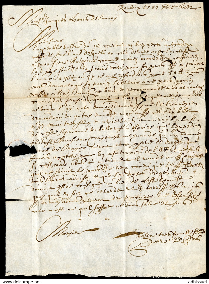 1682 NORD Cote 600 € "Pt De Lille" Manuscrite (Lenain N°1, Indice 21) Sur Lettre Datée De Roubaix - ....-1700: Voorlopers