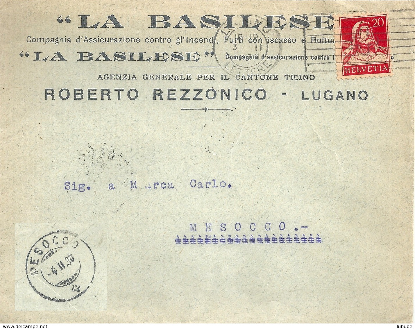 Motiv Brief  "La Basilese, Comp.Assicurazione, Lugano"        1930 - Briefe U. Dokumente