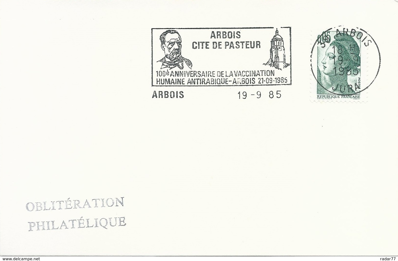 Carte Avec OMEC SECAP Avec Flamme Arbois Cité De Pasteur - 19 Septembre 1985 - Oblitérations Mécaniques (flammes)