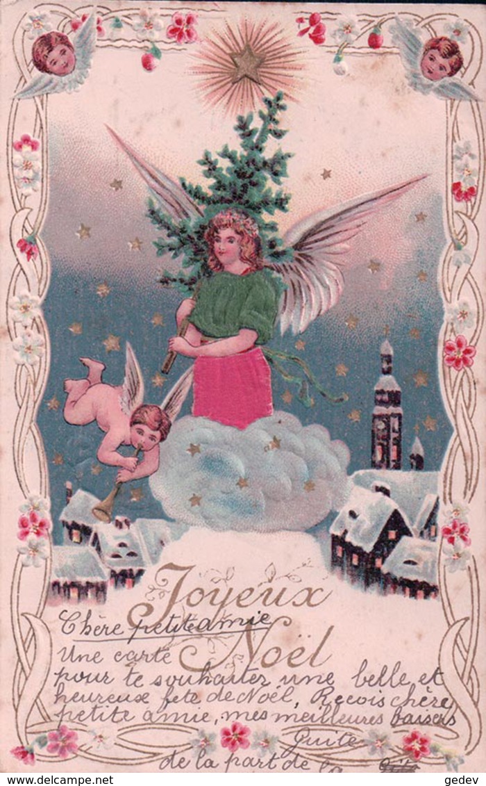 Joyeux Noël, Ange Et Angelot, Litho Gaufrée Et Tissu (24.12.1902) - Engelen