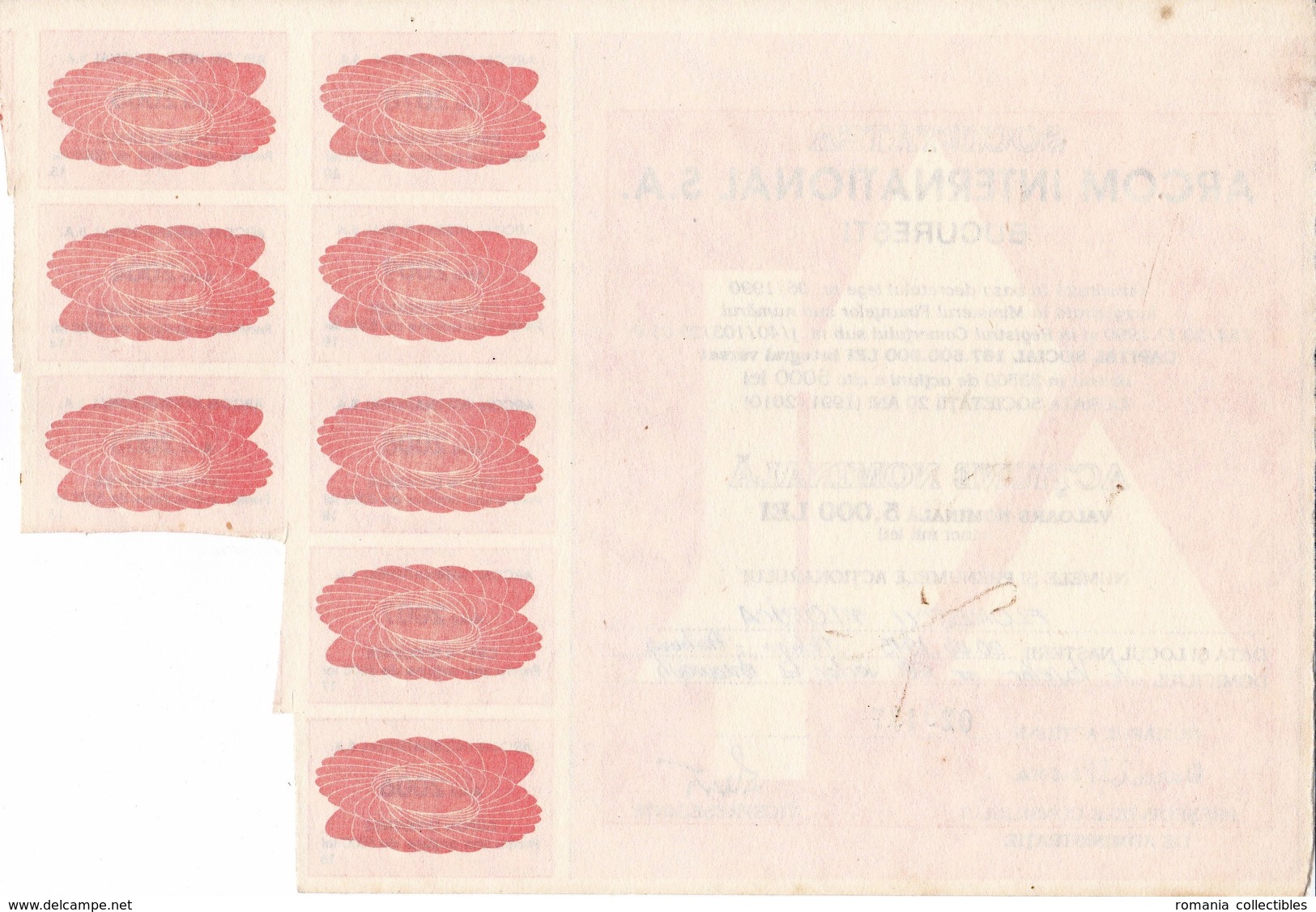 Romania, 1990's, Arcom International Company - Vintage Bond Certificate & Coupons, 5000 Lei - A - C