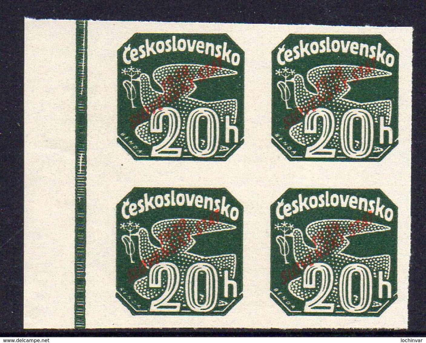 SLOVAKIA, 1939 20h GREEN IMPERF O/P BLOCK 4 MNH - Ungebraucht