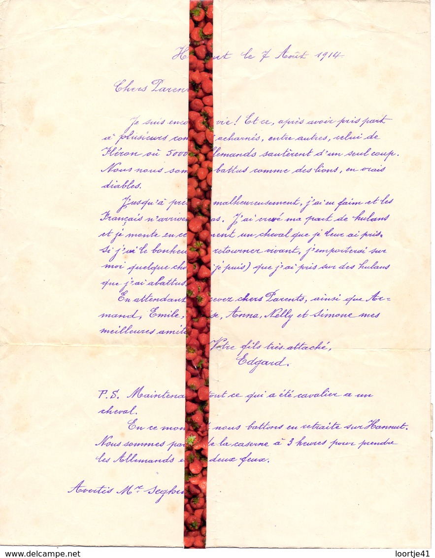 Oorlog Guerre 1914 - 1918 - Militair Soldat Edgard - Brief Lettre Hannuit - Hannut 7 Aug. 1914 - Non Classés