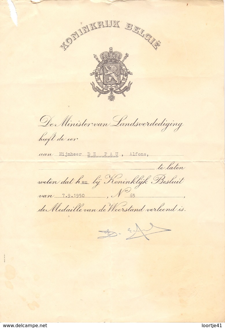 Oorlog Guerre 1940 - 1945 - Attest Diploma Medaille Gewapende Weerstander, Geheim Leger  A. De Pau , Eeklo - Non Classés