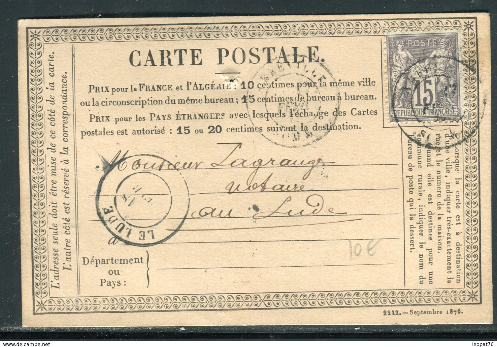 Carte Précurseur De Abbeville Pour Le Lude En 1877, Affranchissement Sage - Réf N 64 - Vorläufer