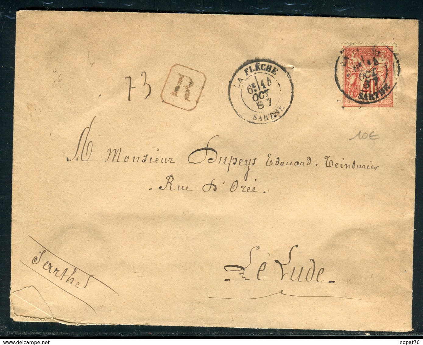 Enveloppe En Recommandé De La Flèche Pour Le Lude En 1887, Affranchissement Sage - Réf N 75 - 1877-1920: Semi Modern Period