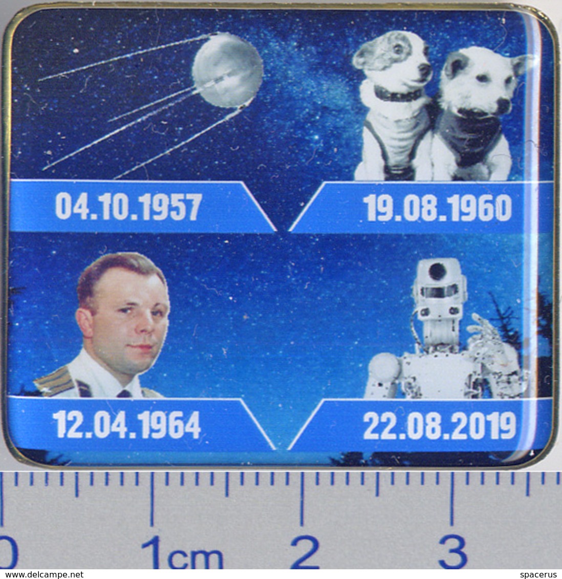 642 Space Russian Pins Set (4pcs). 2 Mistake Pins & 2 Right Pins. Gagarin, 1st Sputnik, Belka & Strelka, Skybot F-850 - Ruimtevaart