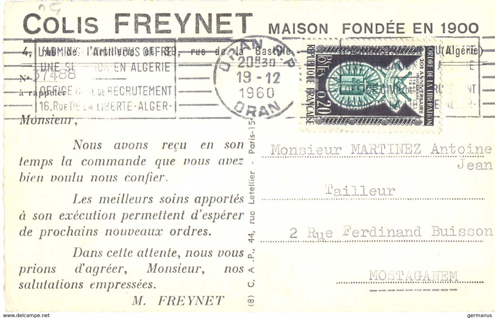 ALGÉRIE COLIS FREYNET MAISON FONDÉE EN 1900 OMec RBV ORAN R.P. Du 19-12-1960 - Lettres & Documents