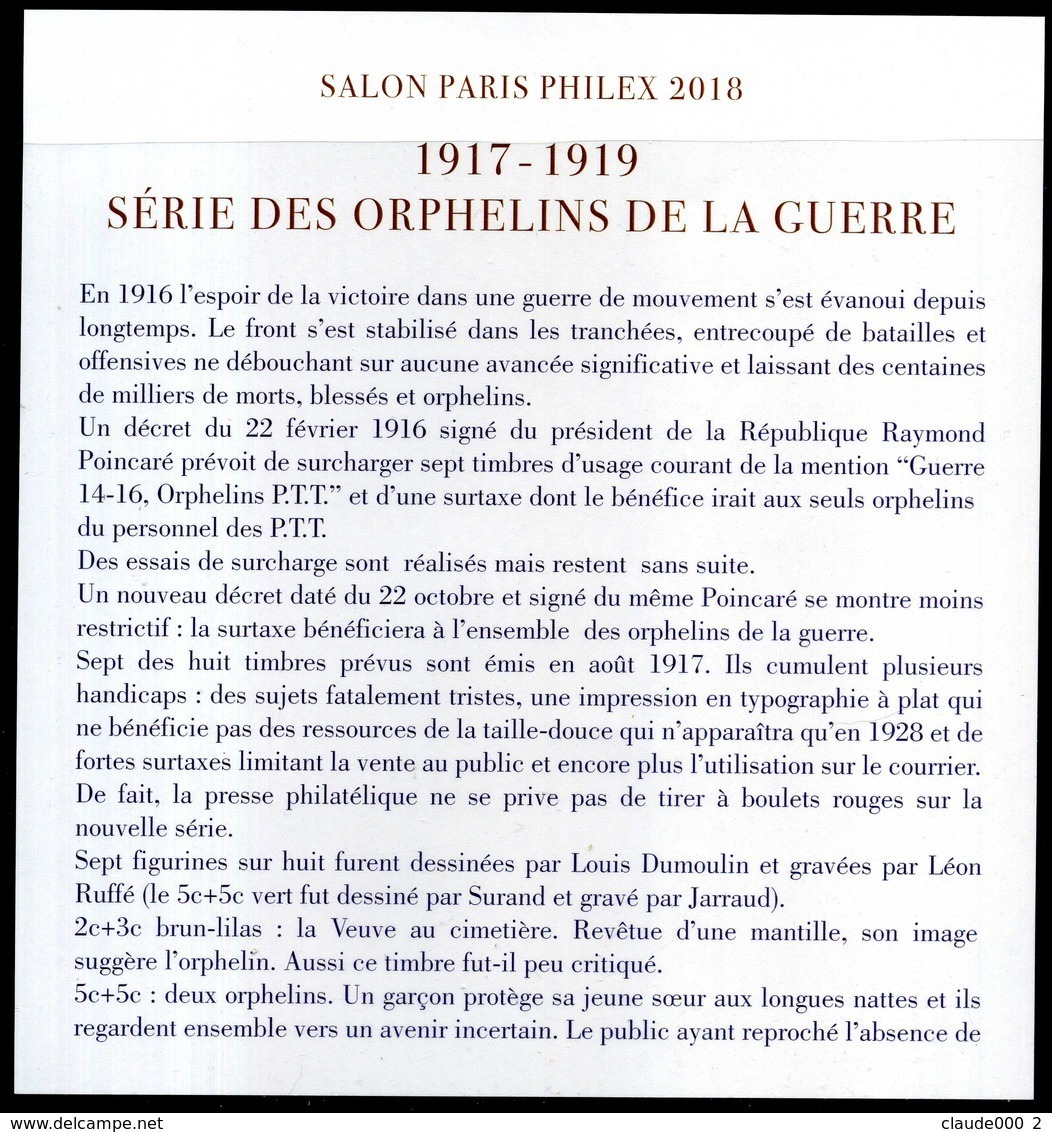 BLOC ORPHELINS DE LA GUERRE Salon Paris Philex 2018 NEUF** - Neufs