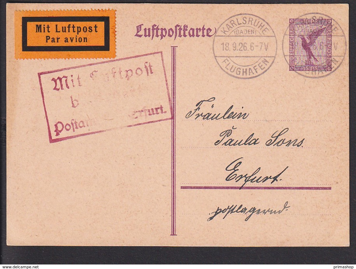 A5 /   Luftpost Luftpostkarte / Karlsruhe - Erfurt  1926  TOP CARD - Poste Aérienne & Zeppelin