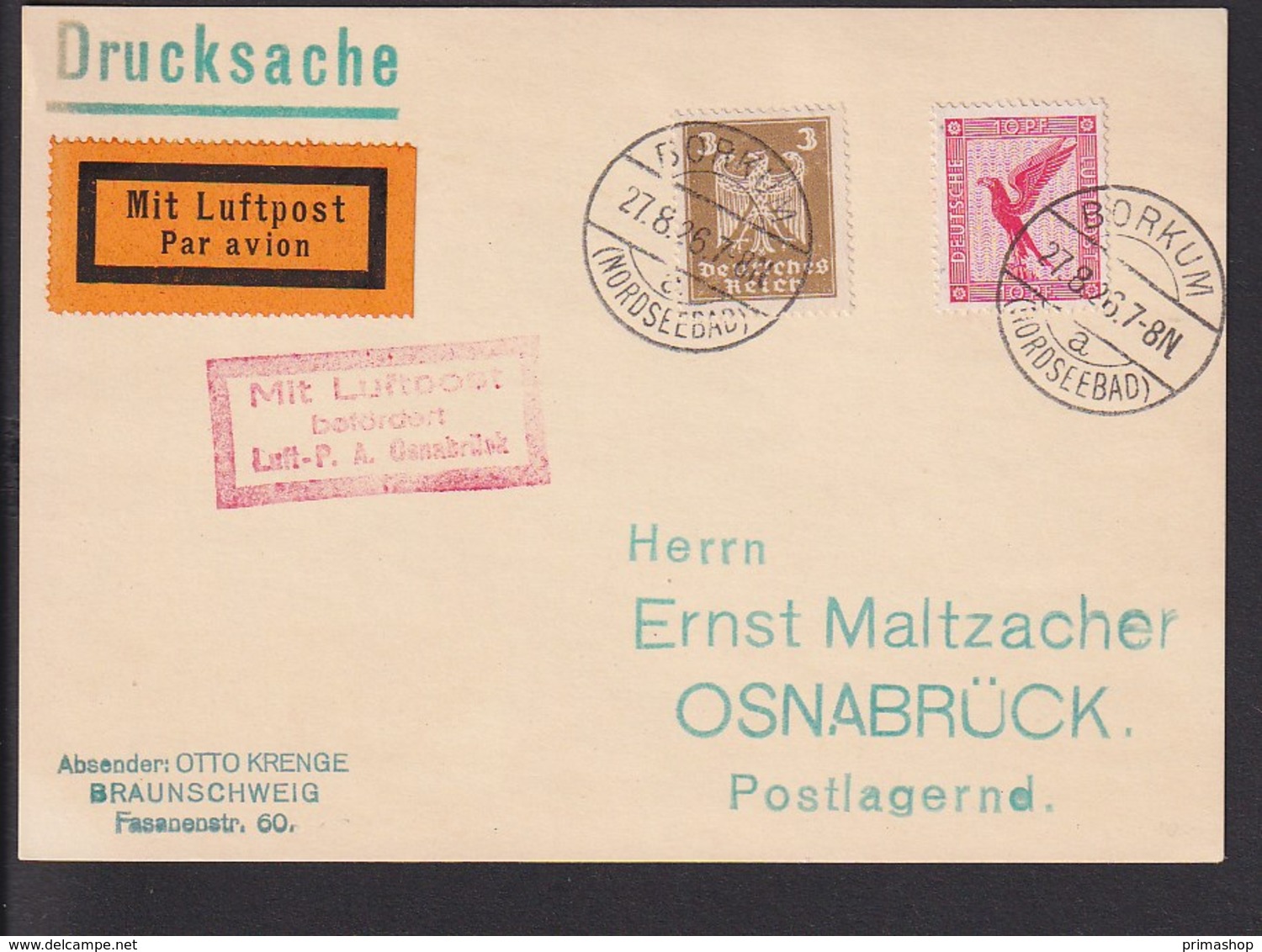 A5 /   Luftpost Luftpostkarte /  Borkum - Osnabrück 1926 - Luft- Und Zeppelinpost