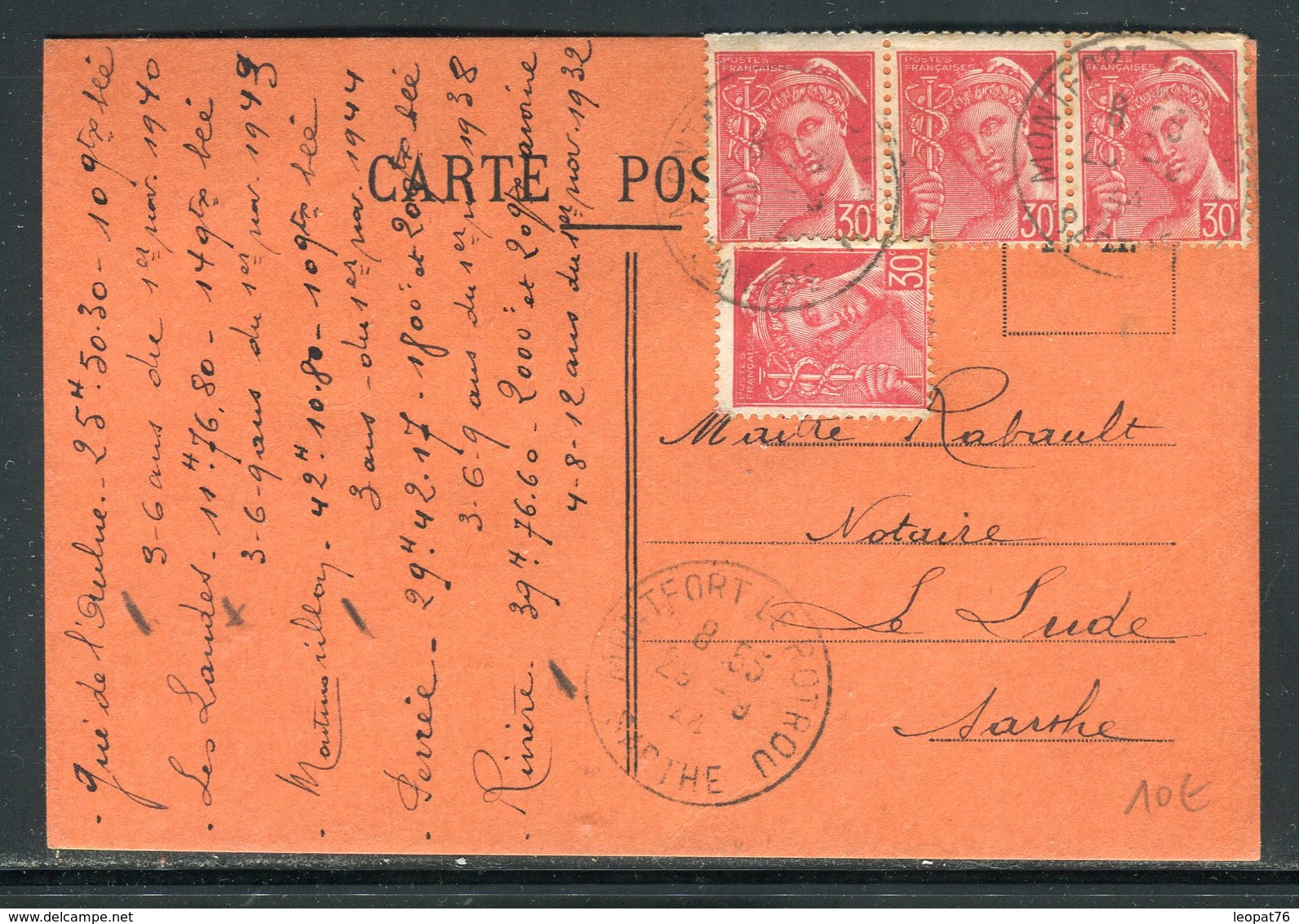 Carte De Correspondance De Monfort Le Rotrou Pour Le Lude En 1944, Affranchissement Mercures - Réf N 88 - 1921-1960: Période Moderne