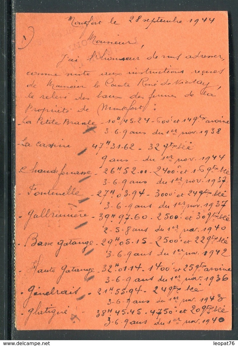Carte De Correspondance De Monfort Le Rotrou Pour Le Lude En 1944, Affranchissement Mercures - Réf N 88 - 1921-1960: Période Moderne