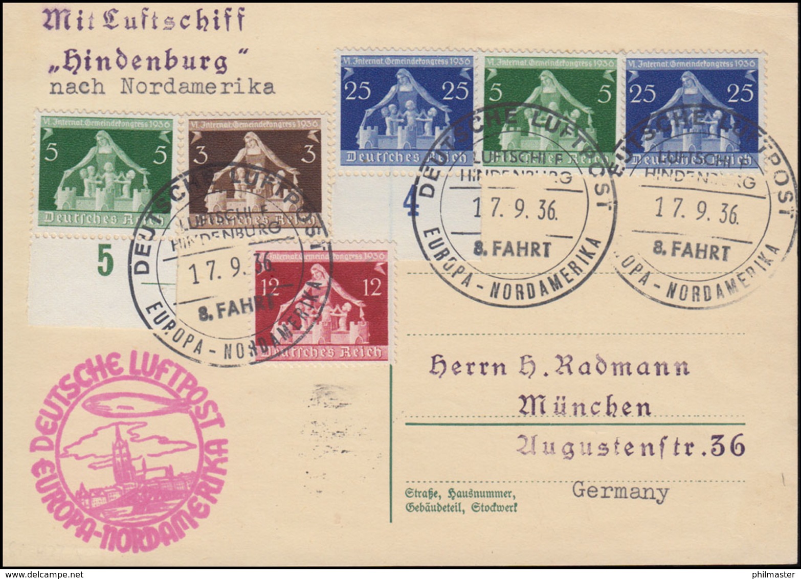 Zeppelin LZ 129 Hindenburg 8. Nordamerika-Fahrt Karte Bordpost 17.9.36 - Zeppeline