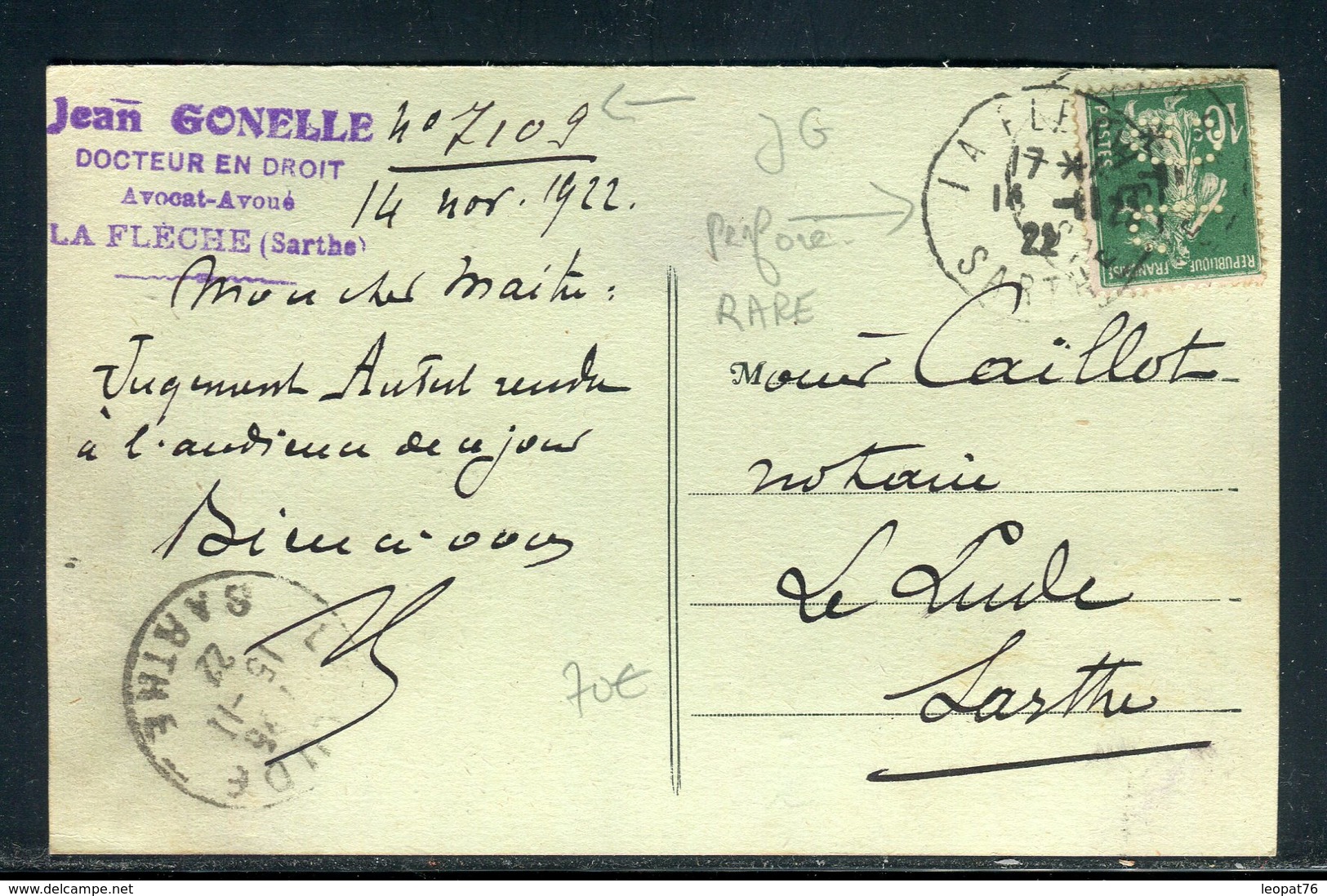 Type Semeuse Perforé JG ( Jean Gonelle ) Sur Carte Postale De La Flèche En 1922 Pour Le Lude  - Réf N 98 - 1921-1960: Periodo Moderno