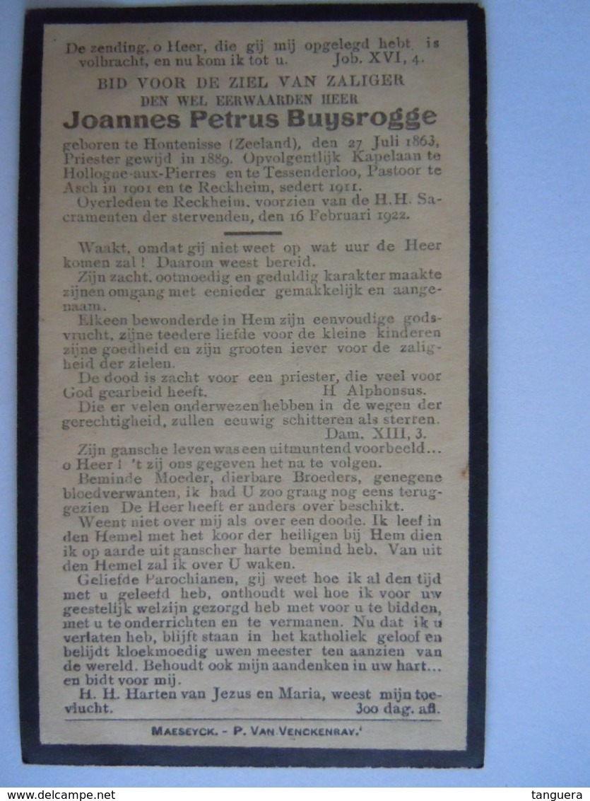 Doodsprentje Priester Petrus-Josephus Buysrogge °Hontenisse (Zeeland) 1863 Pastoor Asch En + Reckheim 1922 - Santini