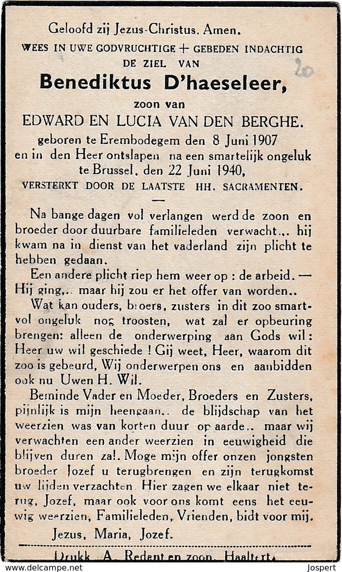 Erembodegem, Brussel, 1940, Benedictus D'haeseleer, Van Den Berghe - Images Religieuses