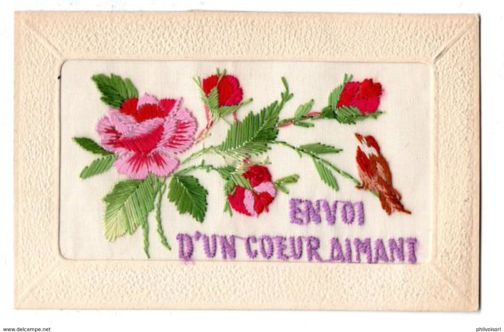 CARTE BRODEE ENVOI D UN COEUR AIMANT FLEURS OISEAU - Embroidered