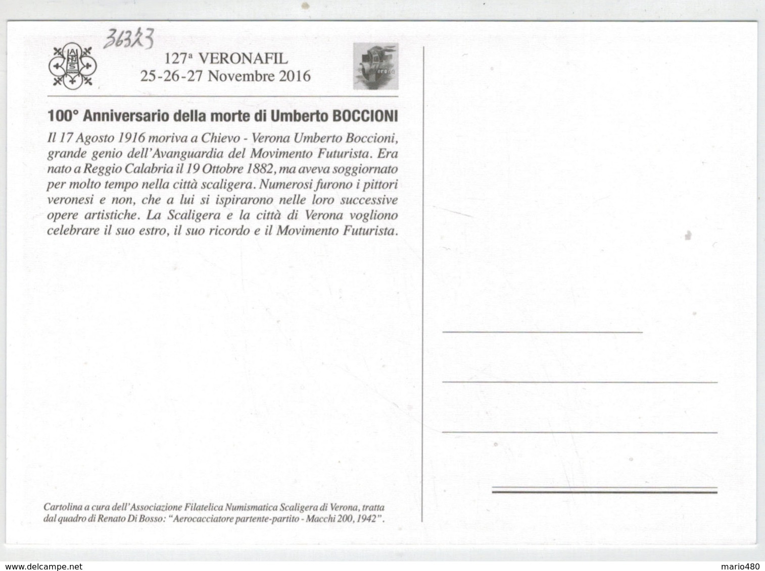 VERONAFIL  2016   100°  ANNIVERSARIO  DELLA  MORTE  DI  UMBERTO  BOCCIONI  2 SCAN  (NUOVA) - Cartoline Maximum