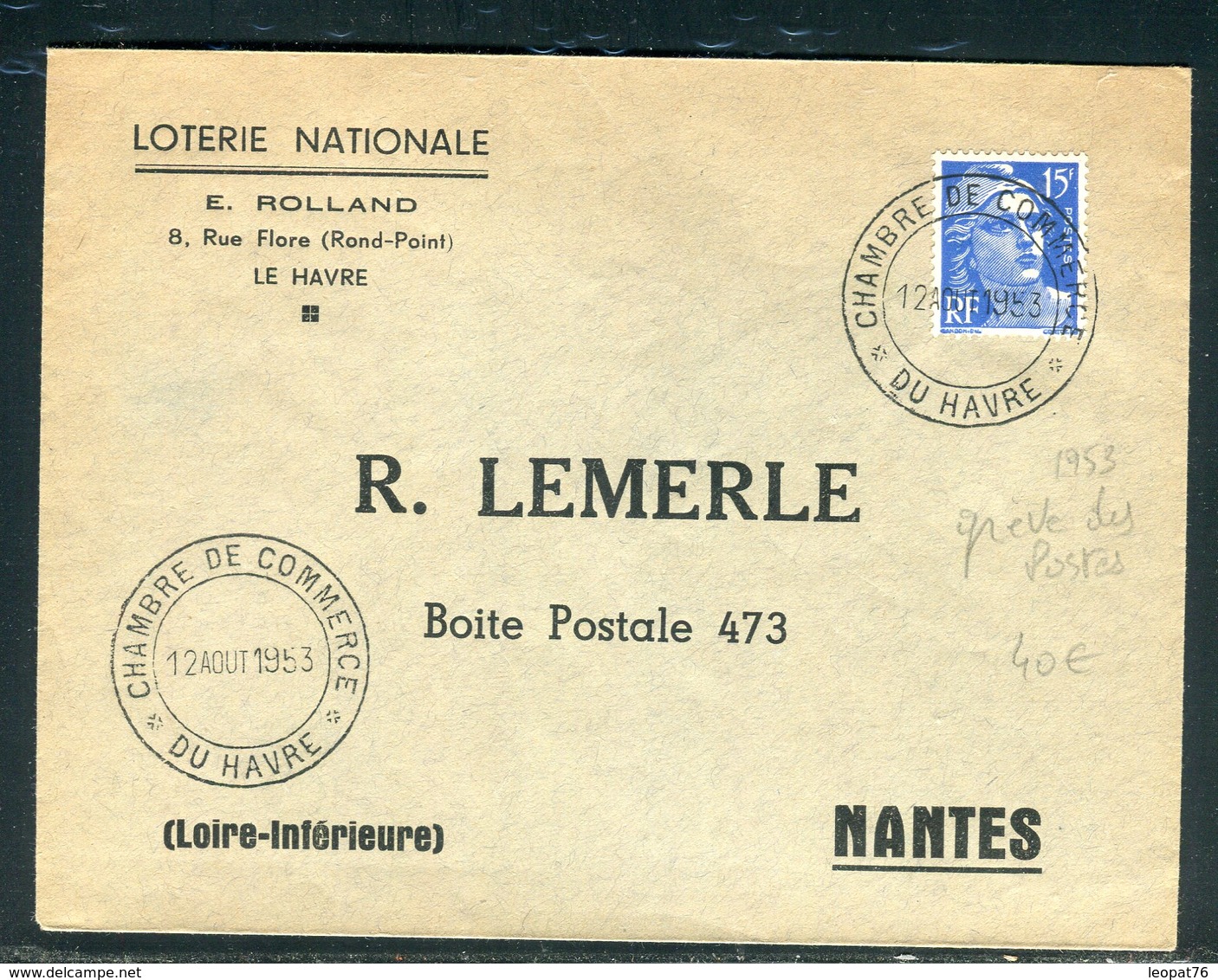 Oblitération De La Chambre De Commerce Du Havre Sur Enveloppe Pour Nantes En 1953 ( Grèves Des PTT ) - Réf N 110 - Documentos