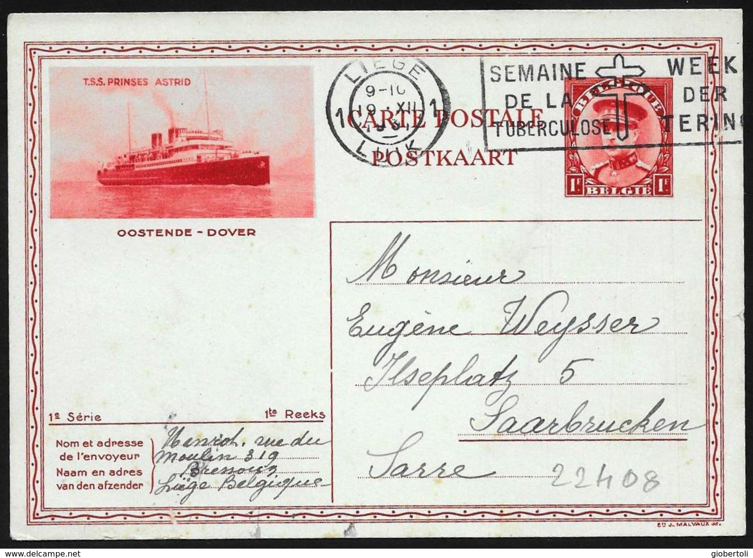 Belgio/Belgium/Belgique: Intero, Stationery, Entier, Traghetto " T.S.S. Princes Astrid" - Barche