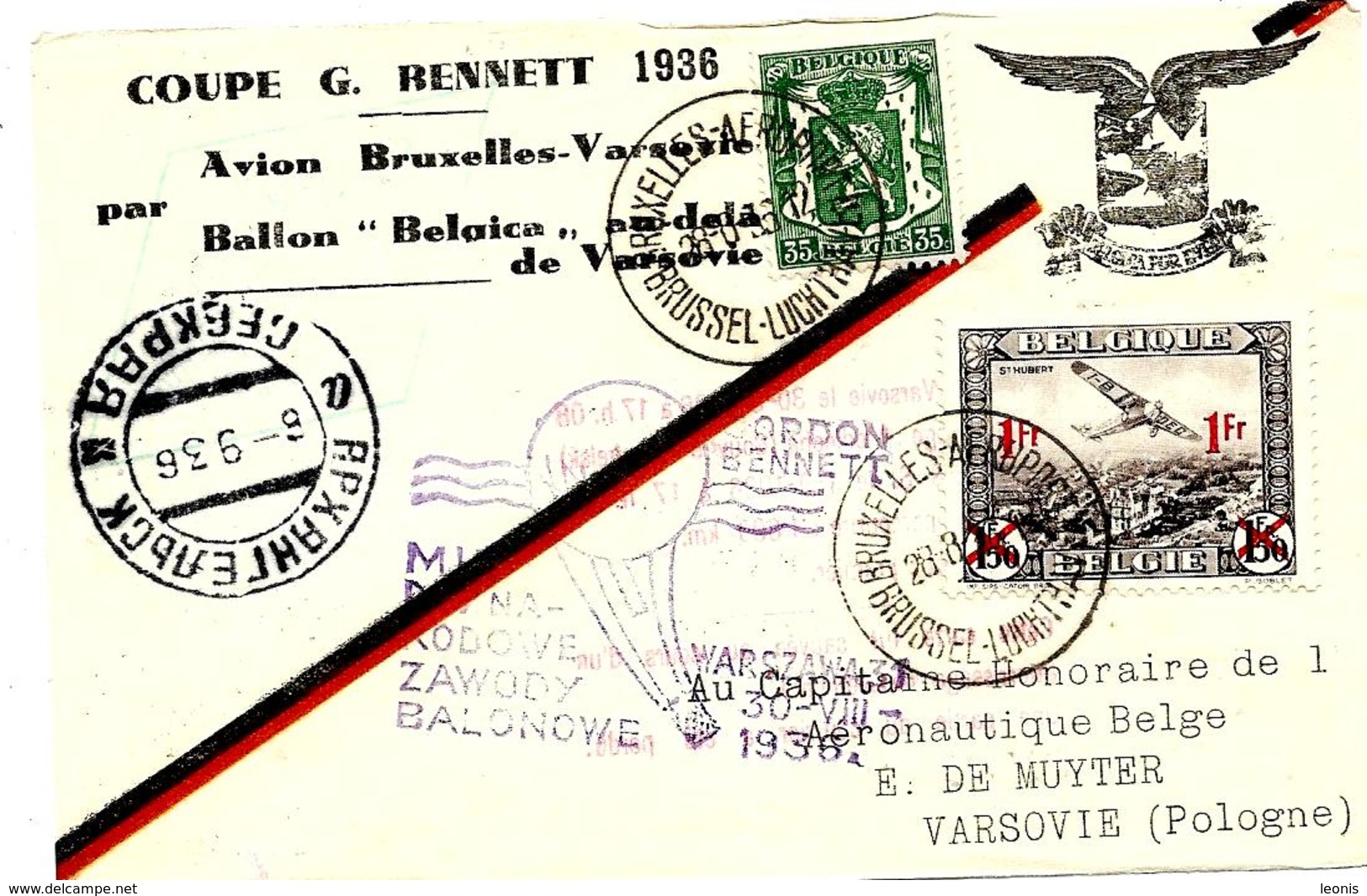 LE 0334. Coupe G. BENNETT 1936 - BRUXELLES-VARSOVIE (Pologne) Ballon BELGICA - TPA 6 + TP 435 BXL-AEROPORT 28.8.36.TB - Storia Postale