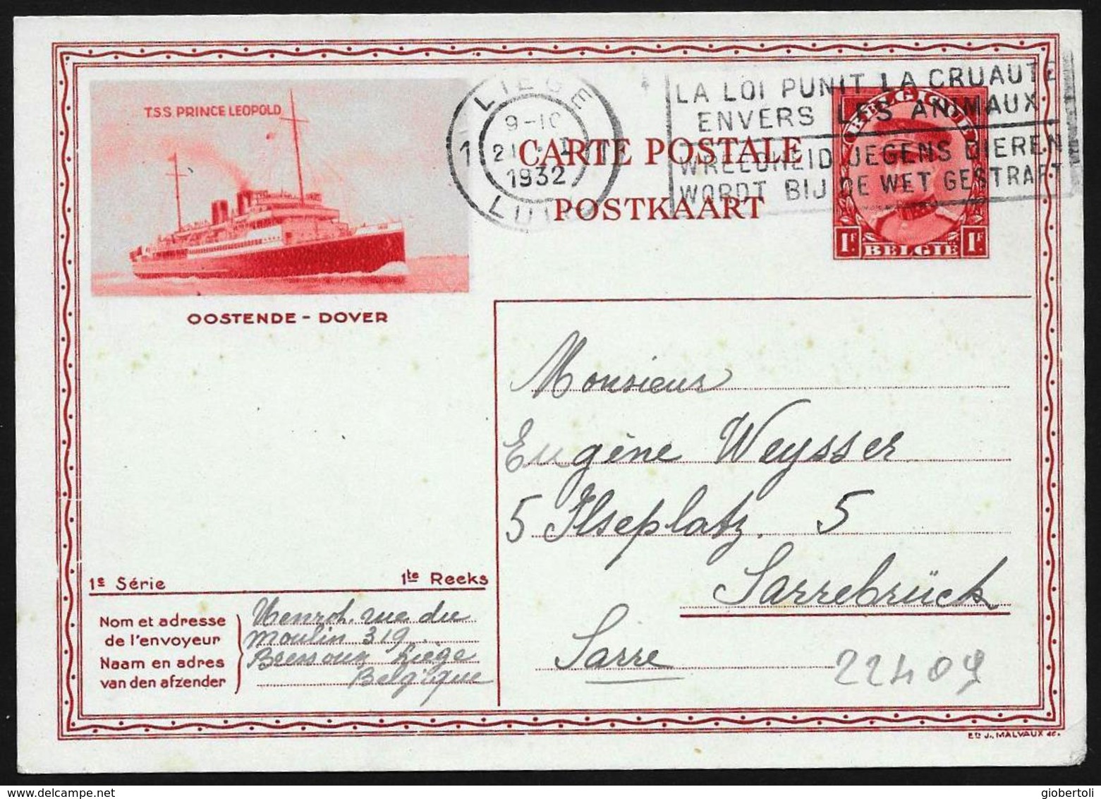 Belgio/Belgium/Belgique: Intero, Stationery, Entier, Traghetto " T.S.S. Prince Leopold" - Barche