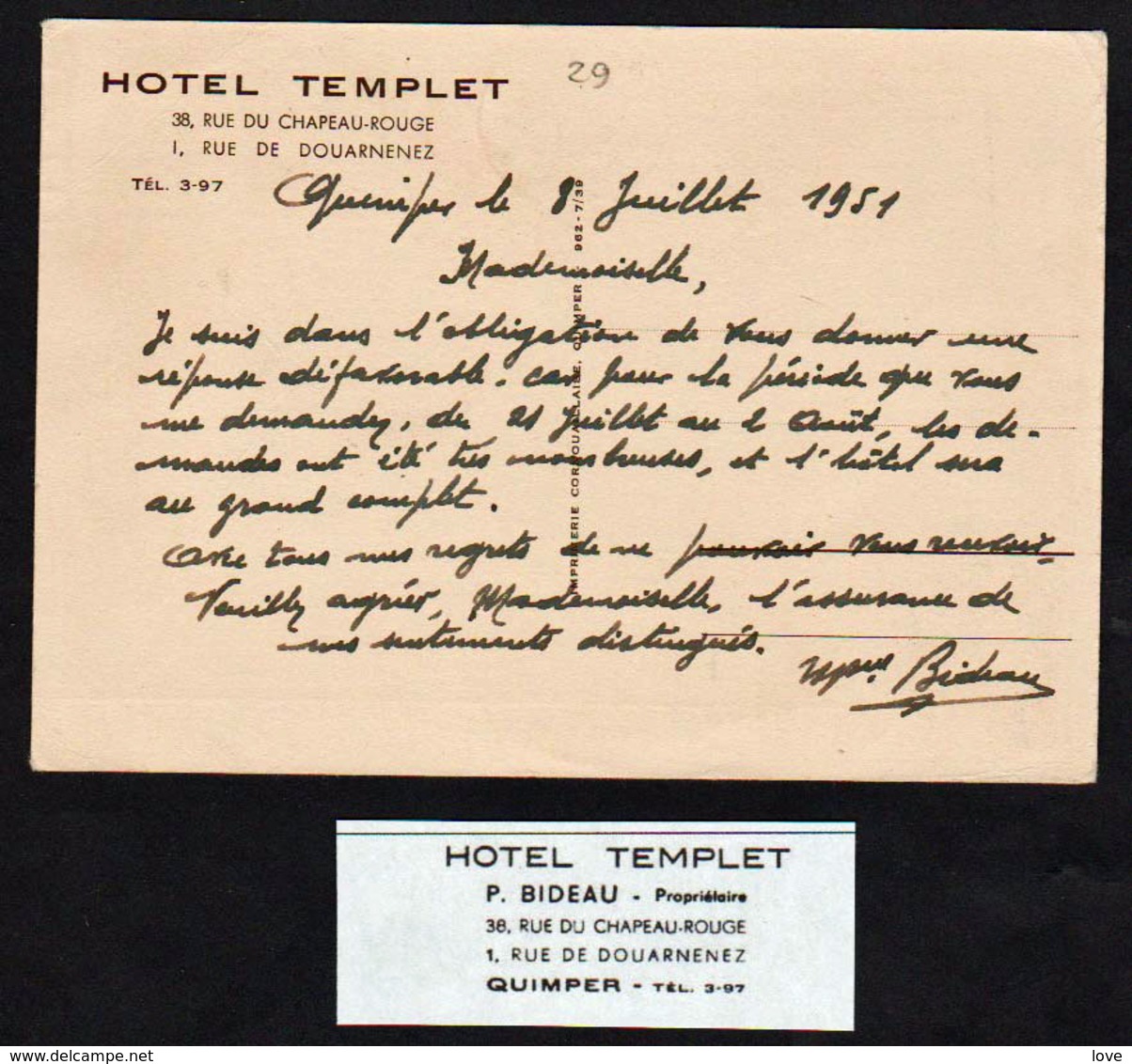 QUIMPER: Plan TOP Sur L'Hôtel Templet, Carte Postale PUB écrite à L'encre En 1951 Avec Une .................... - Quimper