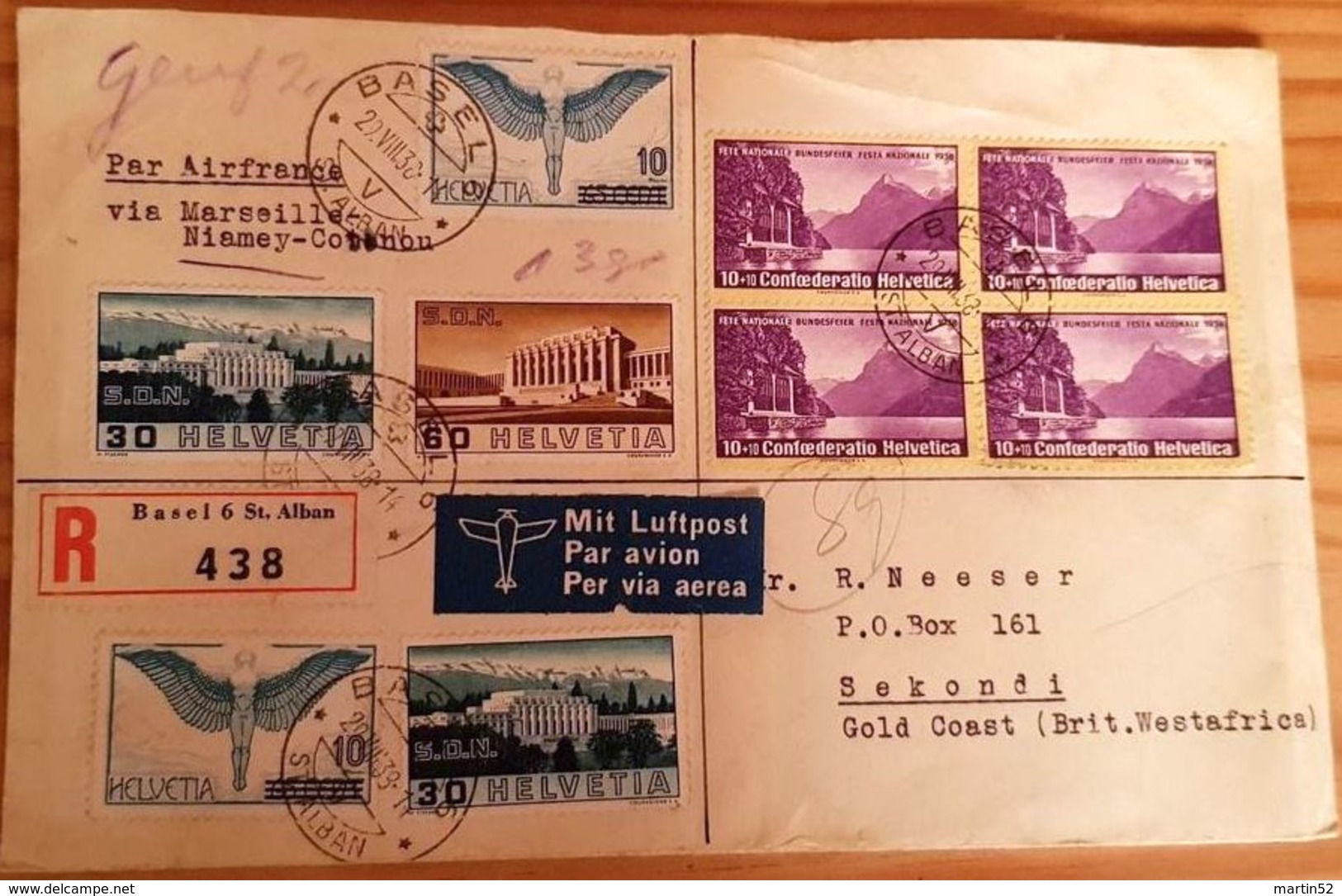 Schweiz Suisse 1938: R-Brief Mit ERSTER Pro Patria Im Block Mit O BASEL 20.VIII.38 Nach SEKONDI 8 SEP 38 GOLD COAST - Autres & Non Classés