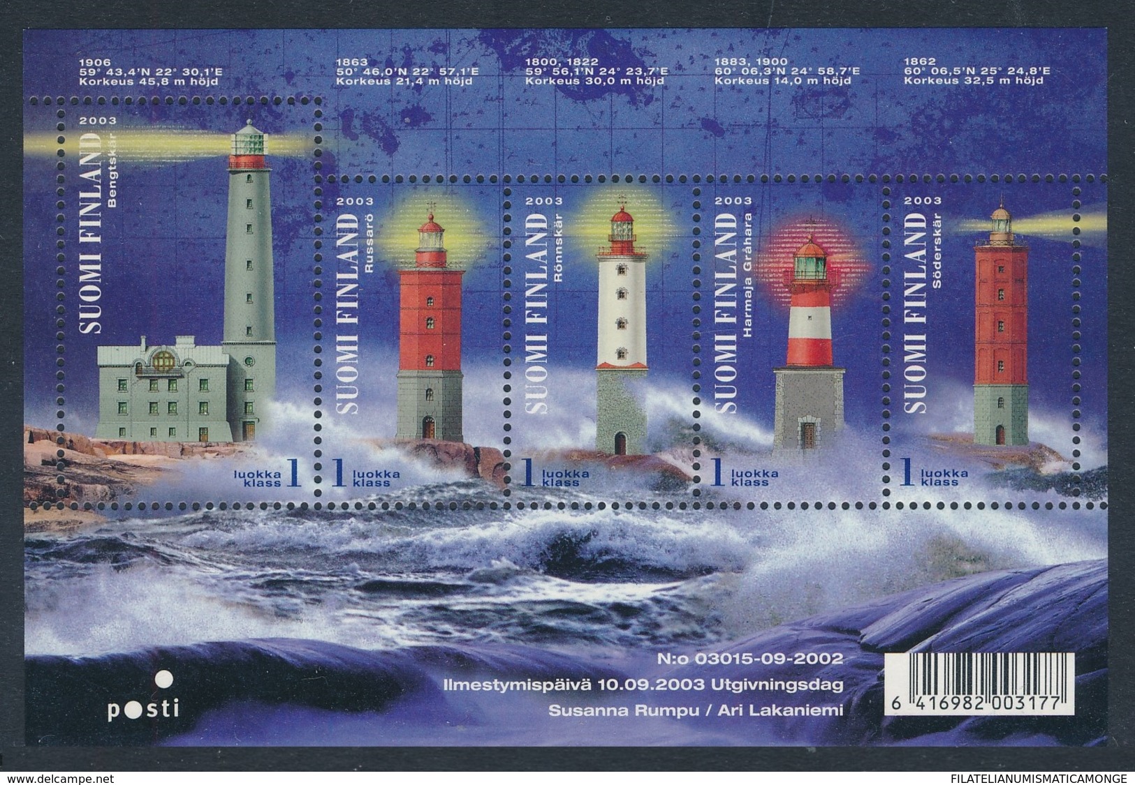 Finlandia 2003  Yvert Tellier  1637/41 Faros ** - Unused Stamps