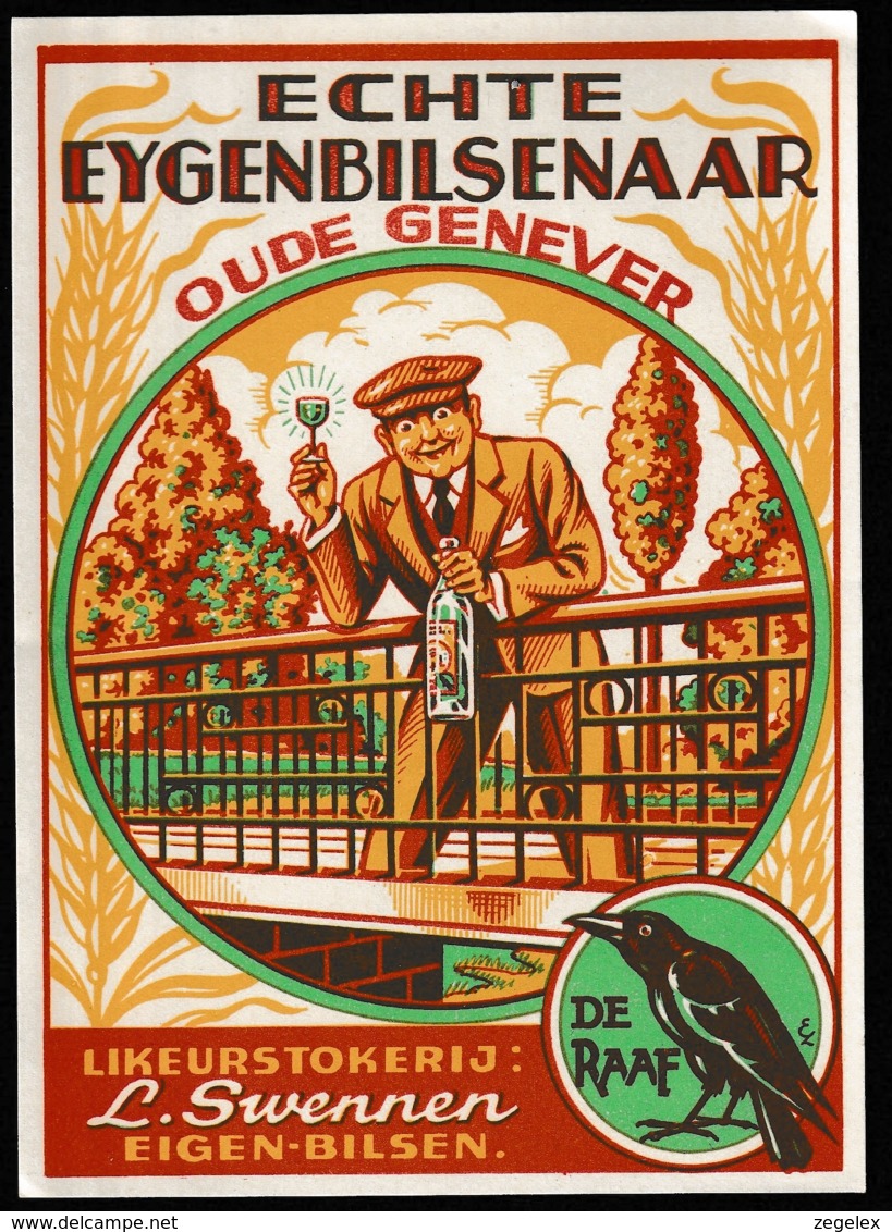 Etiket Oude Genever, Echte Eygenbilsenaar, Likeur, Eigen-Bilsen. Raaf, Bird, Jenever, Vogel, Etikett, Likör,Liqueur Labe - Andere & Zonder Classificatie