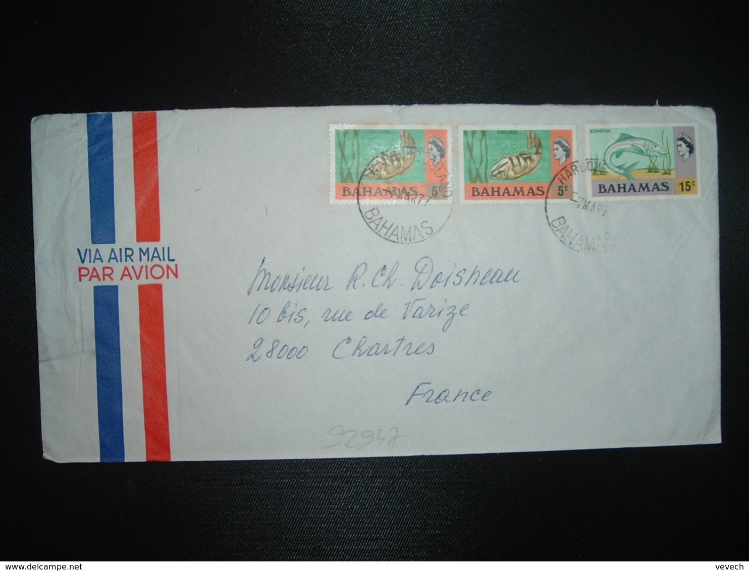 LETTRE Par Avion Pour La FRANCE TP BONEFISH 15c + GROUPER 5c X2 OBL. HOROPLAN 7 MAR 77 HARBOUR ISLAND - Bahamas (1973-...)