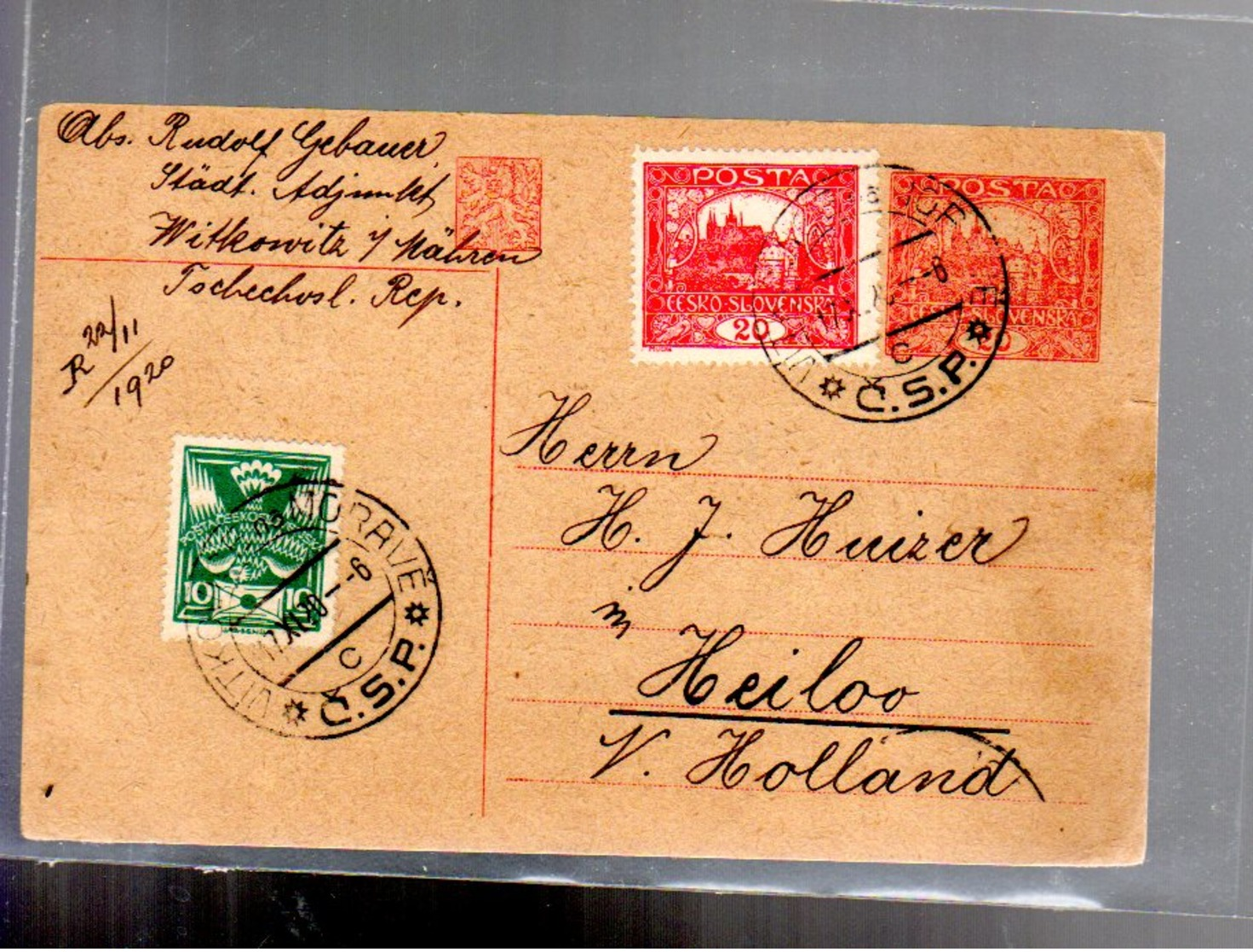 Entier 1920  Hradcany 20 H Avec Complement Tarif 50 Pour La Hollande - Cartes Postales