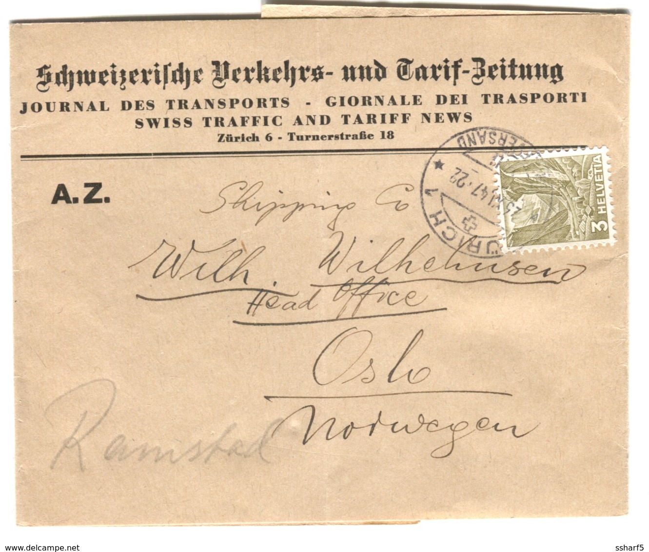 3 Rp. Solo Schweizerische Verkehrs- Und Tarif-Zeitung Nach Norwegen 1947 - Storia Postale