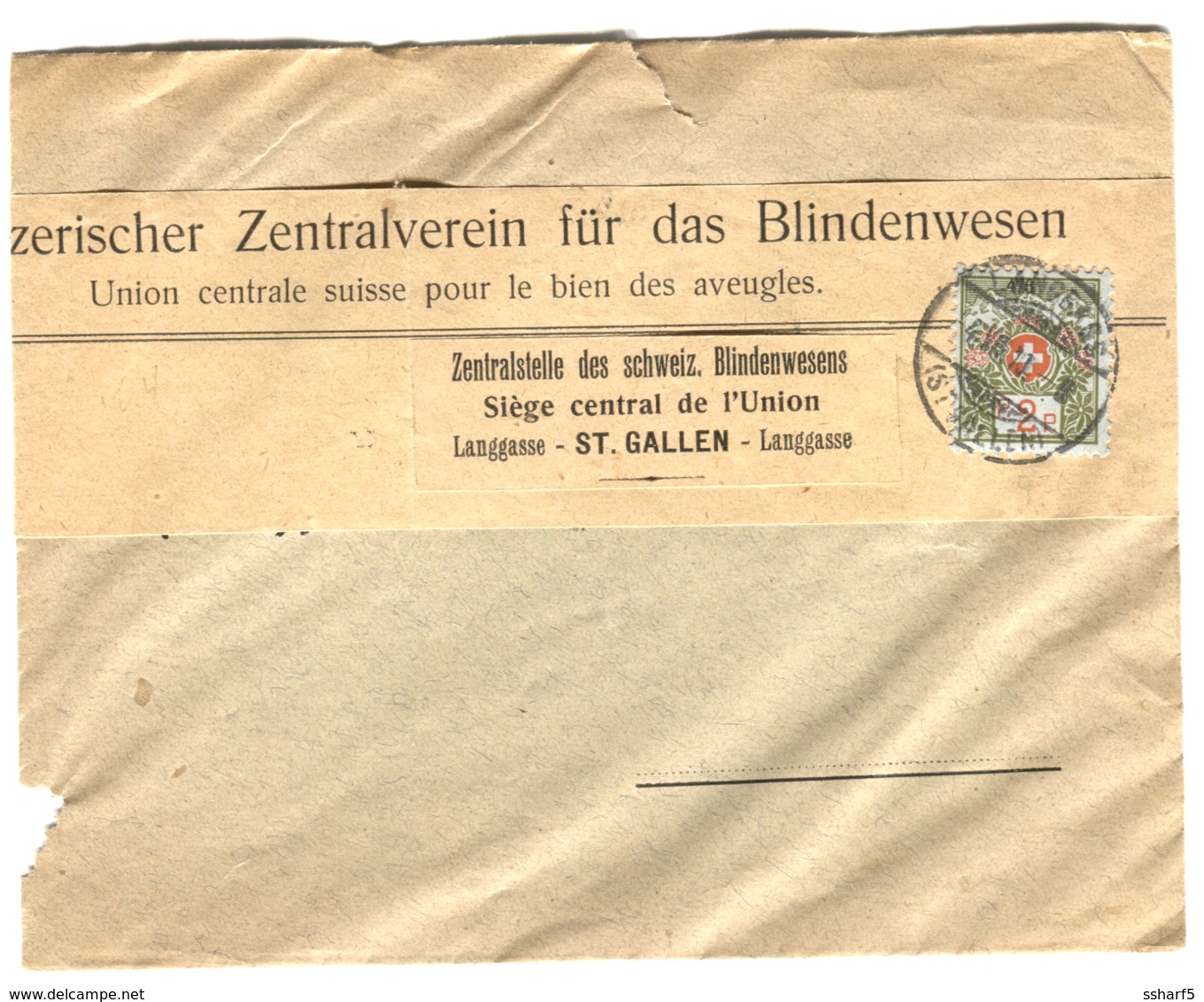 Schweiz - Dienstmarke 2 P. Auf Brief Von Zentralverein Für Das Blindenwesen Envoi Sous Bande 1913 - Covers & Documents